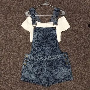 paisley print denim overalls